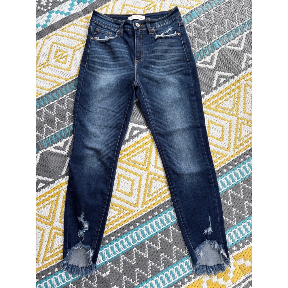 KanCan High Rise Skinny Jeans Dark Wash Distressed Tulip Frayed Hem KC8395D 7/27